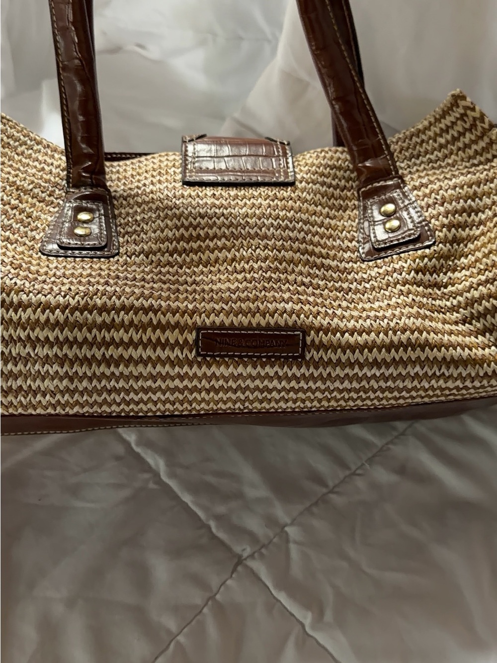 Woven Straw Tote with Brown Leather Trim - Picture 3 of 3
